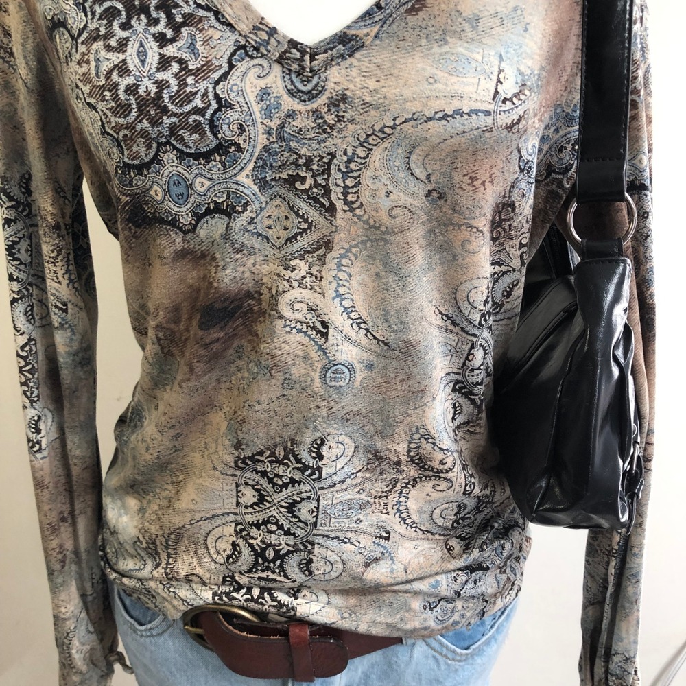 Vintage Y2K Tan Paisley V-Neck Long Sleeve Grunge Top Womens Large Fairy Boho - Picture 3 of 11